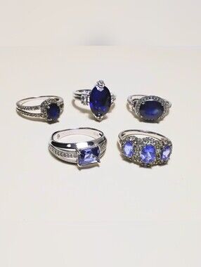 925 Silver 5 Ring Lot Sz 8 Tanzanite, Sapphire, White Topaz